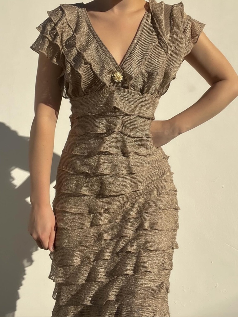 Max Studio Gold Metallic Tiered Ruffle Midi Dress XS / S